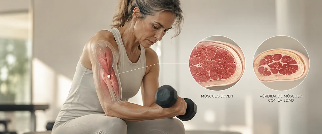 Mujer entrenando con mancuerna junto a una comparativa de músculo joven y músculo con la edad