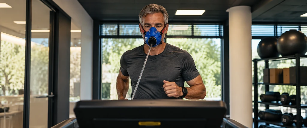Hombre haciendo una ergoespirometría en cinta con mascarilla de análisis de gases